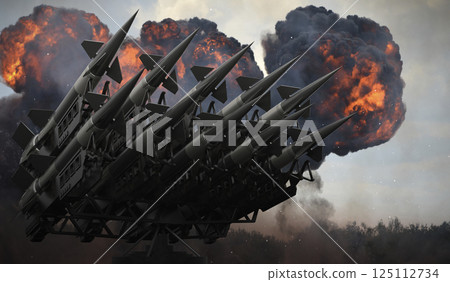 Many missiles on a launcher, explosions in background - 3D illustration 125112734