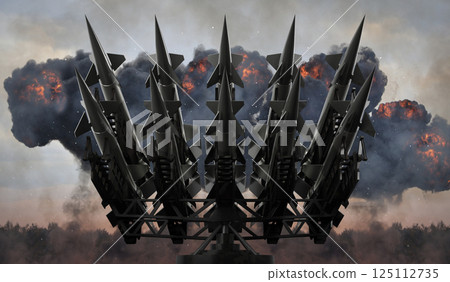 Many missiles on a launcher, explosions in background - 3D illustration 125112735