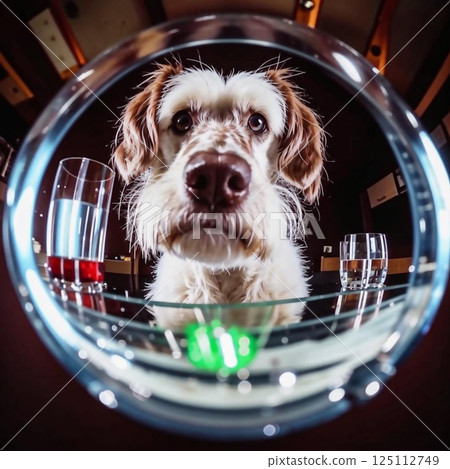 Dog's muzzle with magnifying effect. A curious dog looks straight into the camera lens, close-up. 125112749