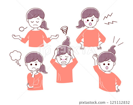 一組簡單的向量插圖，描繪了一位女性的各種姿勢 125112832