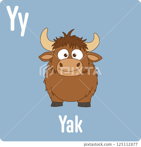 Illustration of the letter Y for Yak. Brown Yak with horns is featured with the word 'Yak' and the letters 'Yy' on blue background. Illustration of the letter Y for Yak. Brown Yak with horns is featured with the word 'Yak' and the letters 'Yy' on blue background. 125112877