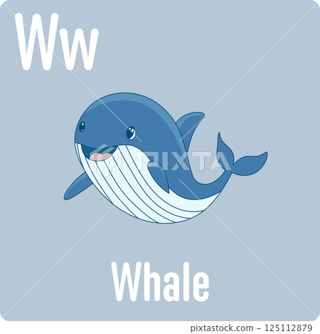 Cartoon illustration of a whale with the letter W on a blue background for teaching children the alphabet. Cute and educational. Cartoon illustration of a whale with the letter W on a blue background for teaching children the alphabet. Cute and educational. 125112879