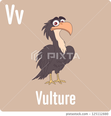 Cartoon depiction of a vulture with the letter V. An educational illustration for children learning the alphabet and animals. Cartoon depiction of a vulture with the letter V. An educational illustration for children learning the alphabet and animals. 125112880