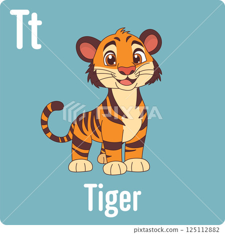 Cartoon of a friendly tiger with orange and brown stripes, standing on a blue background, next to the letter T for tiger in the alphabet. Cartoon of a friendly tiger with orange and brown stripes, standing on a blue background, next to the letter T for tiger in the alphabet. 125112882