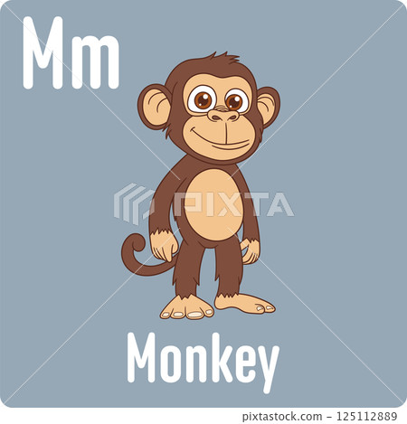 Cartoon monkey illustration with the letter M. Educational and playful design featuring a friendly monkey for children's learning resources. 125112889