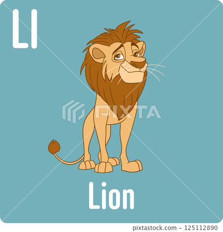 Stylized cartoon lion with golden mane, standing proudly on a solid blue background. Educational material for children. Stylized cartoon lion with golden mane, standing proudly on a solid blue background. Educational material for children. 125112890