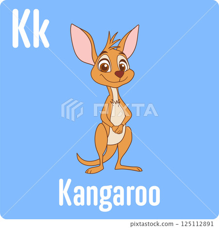K is for Kangaroo: a charming cartoon marsupial against a soft blue backdrop, perfect for educational materials and children's content. 125112891