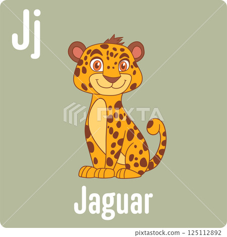 A cartoon depiction of a jaguar with orange fur and brown spots, set against a muted green background with educational letter 'J'. A cartoon depiction of a jaguar with orange fur and brown spots, set against a muted green background with educational letter 'J'. 125112892