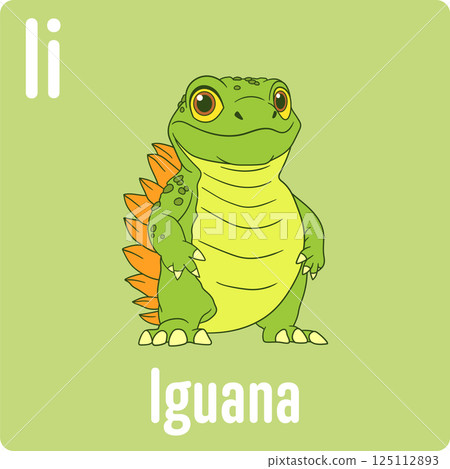 A cartoon iguana stands on a green background, its orange spikes contrasting with its green body and yellow belly. 125112893