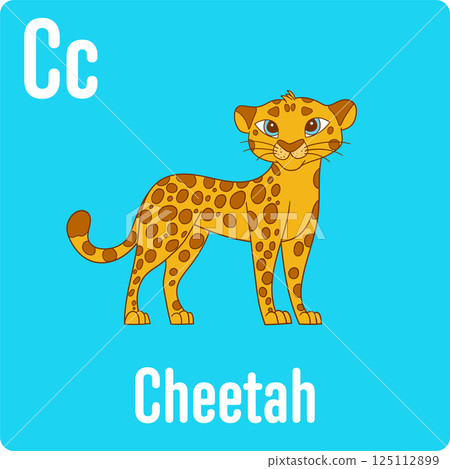 Cartoon illustration of a cheetah with the letter 'C' and the word 'Cheetah' on a blue background. It's educational and child-friendly. 125112899