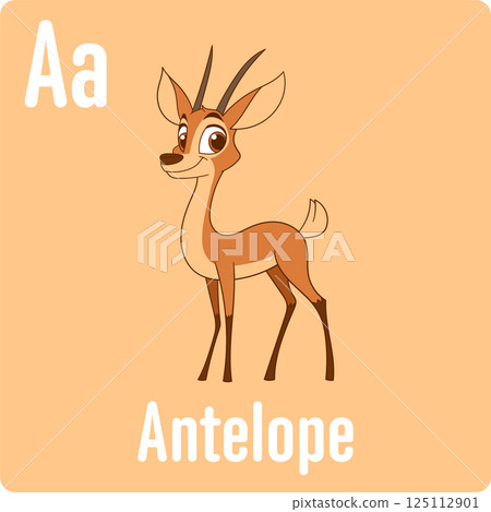 Cartoon antelope illustration with alphabet 'Aa'. Simple design, educational. Cute fawn illustration on peach background. 125112901
