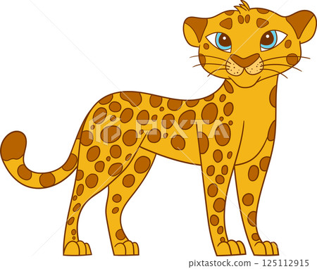 Cartoon illustration of a golden-yellow leopard with brown spots and bright blue eyes standing on a black background. 125112915