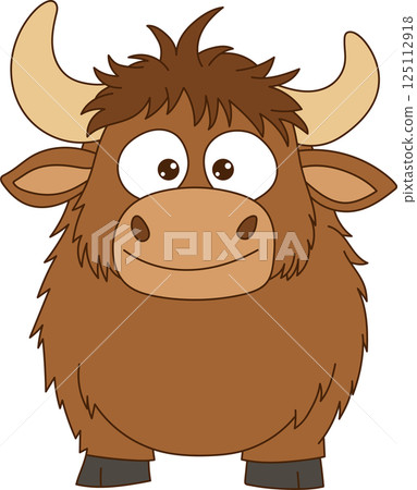 Cartoon depiction of a fluffy brown yak with large eyes and horns. The yak is drawn in a simple, friendly style on a black background. 125112918