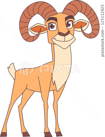 Cartoon ram character. The ram has big, curved horns and a gentle smile, depicted in a warm, inviting art style. Cartoon ram character. The ram has big, curved horns and a gentle smile, depicted in a warm, inviting art style. 125112925