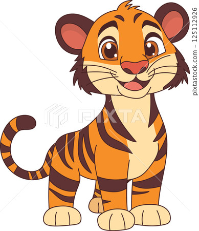 Cartoon tiger cub with orange fur and dark stripes stands cheerfully, tail curled, inviting smiles. Cute predator depiction. Cartoon tiger cub with orange fur and dark stripes stands cheerfully, tail curled, inviting smiles. Cute predator depiction. 125112926