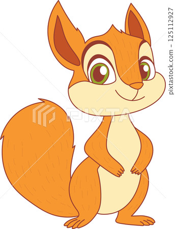 A charming cartoon squirrel with a fluffy tail, big green eyes, and a sweet smile, rendered in warm orange and beige tones. Simple animation. A charming cartoon squirrel with a fluffy tail, big green eyes, and a sweet smile, rendered in warm orange and beige tones. Simple animation. 125112927