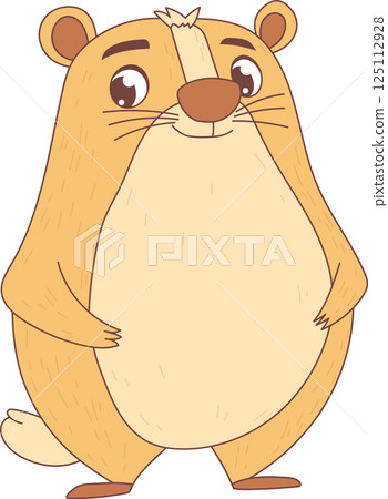 Cartoon portrayal of a stout, cheerful groundhog standing with its front paws tucked towards its belly. The illustration has a clean aesthetic. 125112928
