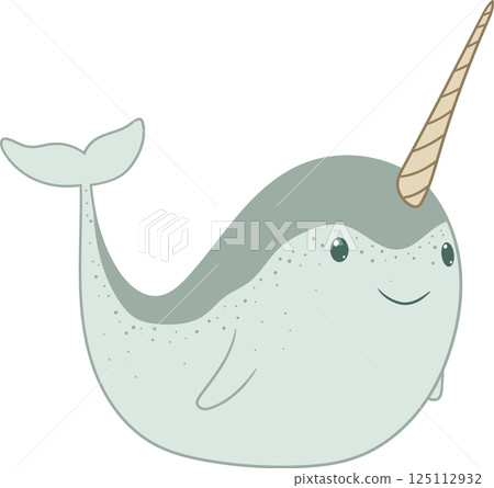 A cartoon narwhal with a long, spiraled tusk, smiling, and depicted with simple shapes and light blue color, against a plain black background. 125112932
