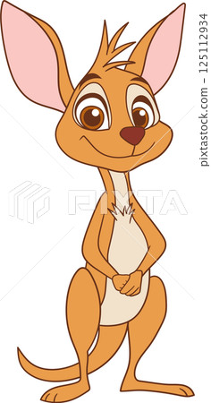 Cartoon kangaroo character with a warm smile, inviting big eyes, and a gentle stance. He is standing in a simple pose, a sweet face. 125112934