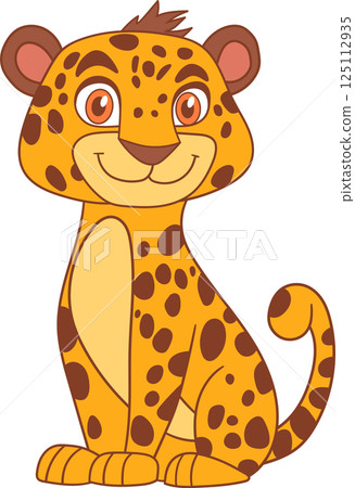 Adorable cartoon cheetah sitting upright, featuring bright orange spots, big eyes, and a friendly smile. Perfect for children's illustrations. Adorable cartoon cheetah sitting upright, featuring bright orange spots, big eyes, and a friendly smile. Perfect for children's illustrations. 125112935