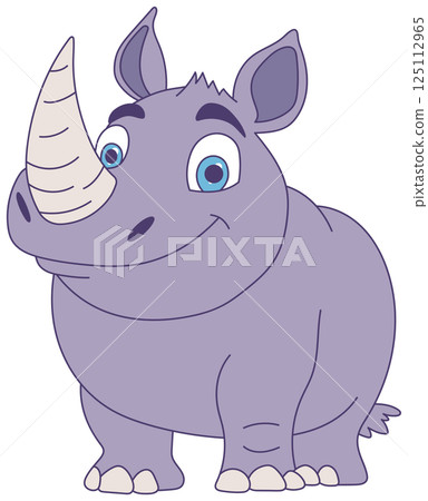 A whimsical cartoon rhinoceros with a friendly smile and big blue eyes, rendered in soft pastel colors, stands against a transparent backdrop. A whimsical cartoon rhinoceros with a friendly smile and big blue eyes, rendered in soft pastel colors, stands against a transparent backdrop. 125112965