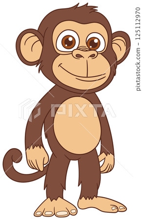 A cute cartoon monkey stands upright, featuring brown fur, beige accents, and a cheerful expression. Its simple design makes it visually appealing. 125112970