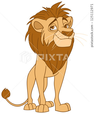 Cartoon lion with brown mane and fur standing upright and looking slightly upward with a thoughtful expression on a black backdrop. 125112971