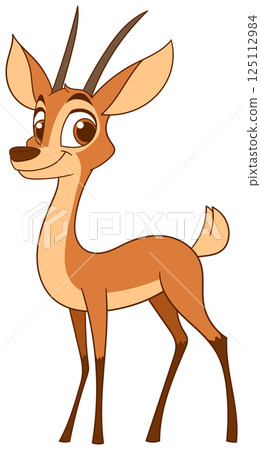 Cartoon antelope with big eyes and horns, set against a black background, showcasing its playful and expressive character. Cartoon antelope with big eyes and horns, set against a black background, showcasing its playful and expressive character. 125112984