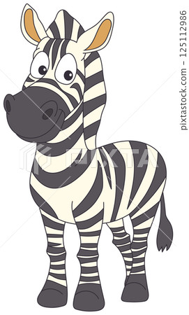 Cute cartoon zebra with wide eyes and a smile. Character with gray stripes and tan skin, standing on all four legs. Cute cartoon zebra with wide eyes and a smile. Character with gray stripes and tan skin, standing on all four legs. 125112986