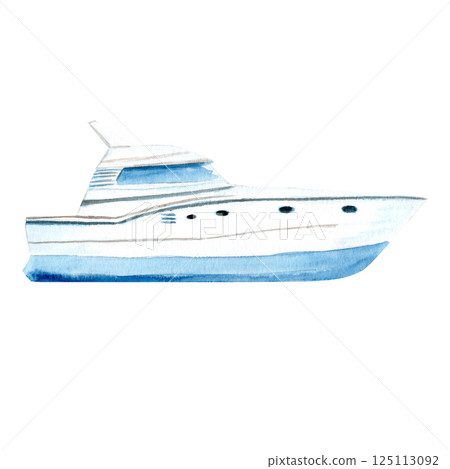 Yacht watercolor illustration isolated on white. Hand painted clip art perfect for for cards, banners, advertisements, invitations, guides, maps and books. Travel, voyage design. Blue white monochrome 125113092