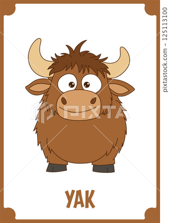 Cute cartoon yak with big eyes stands in a frame on a white background, featuring brown fur, tan horns, and a smiling expression. Cute cartoon yak with big eyes stands in a frame on a white background, featuring brown fur, tan horns, and a smiling expression. 125113100