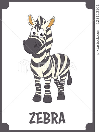 A cheerful cartoon zebra stands center, with black and white stripes and a friendly expression, set against a white background. 125113101
