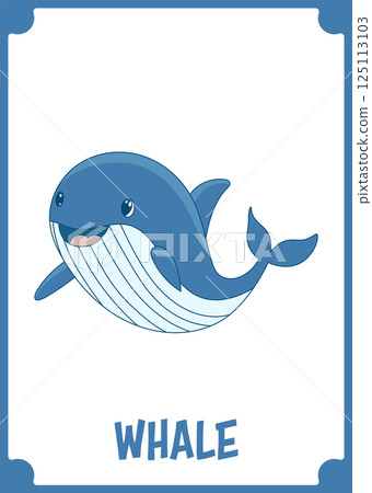 A friendly cartoon whale swims in a clear ocean, its blue body striped with lighter shades, embodying a cheerful marine life illustration. 125113103
