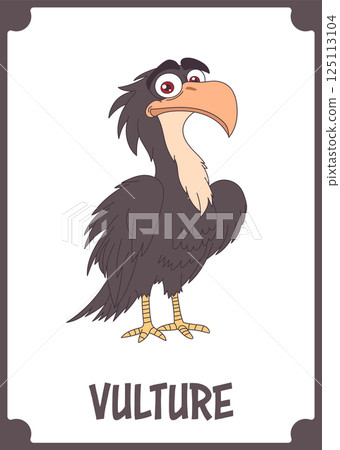 A cartoon vulture with dark feathers, a peach-colored beak, and a pale neck stands on a white background with a brown border. A cartoon vulture with dark feathers, a peach-colored beak, and a pale neck stands on a white background with a brown border. 125113104