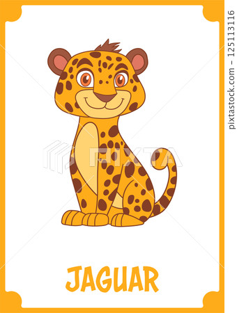 Cute cartoon jaguar character with a friendly smile and large eyes, sitting on a white background with an orange border. 125113116