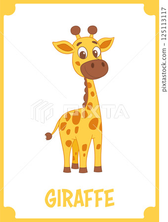 A cheerful cartoon giraffe stands tall on a white backdrop with a yellow border, ready for a day of friendly adventures. A playful animal. 125113117