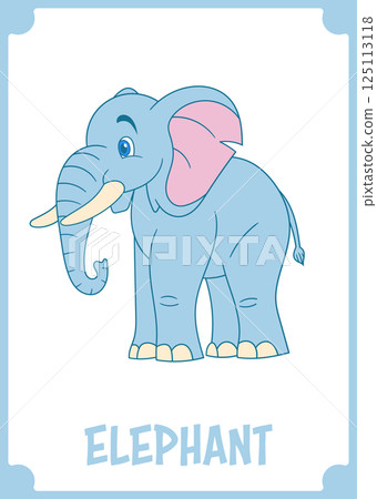 A light blue cartoon elephant is centered on a white card with a light blue border, promoting the word ELEPHANT. A light blue cartoon elephant is centered on a white card with a light blue border, promoting the word ELEPHANT. 125113118