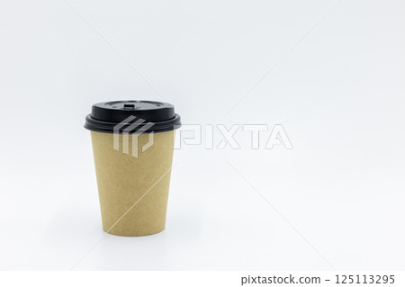 Brown paper coffee cup with black lid on white background, Brown paper cup blank coffee cup for takeaway on white background, Brown empty paper cup for coffee eco coffee cafe. 125113295