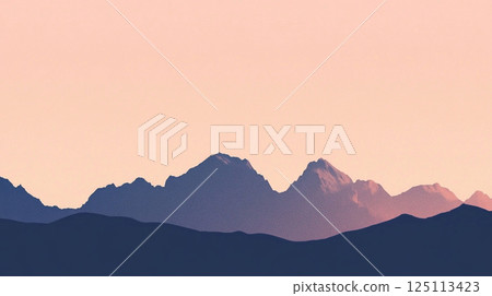 Landscape with pale pink sky and silhouetted mountains 125113423