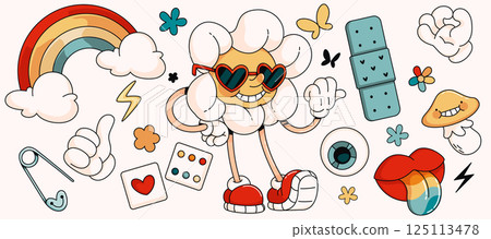 Retro 70s summer cartoon stickers set Retro 70s summer cartoon stickers set 125113478