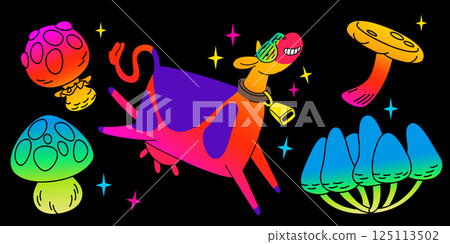 Psychedelic mushroom neon illustration set 125113502