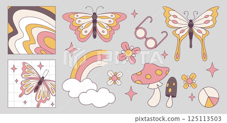 Groovy retro aesthetic stickers set 125113503