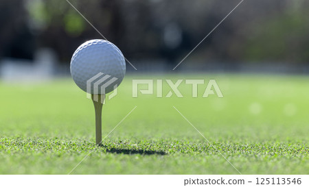 White golf ball on wooden tee on green grass background, Golf ball on tee ready to be shot, Golf ball close up on green grass. 125113546