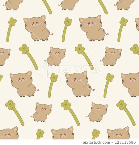 Kawaii wild boar and abstract flower elements in seamless repeat pattern on beige background. Cute design for kids projects, baby products, wrapping or nursery use. Vector illustration 125113590