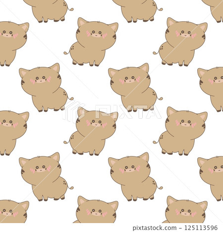 Cute little wild boar with blush cheeks in seamless repeat pattern. Kawaii baby animal design for textile, gift wrap, school goods, kids decor. Vector illustration 125113596