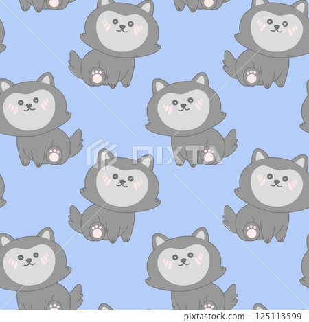 Seamless pattern with grey kawaii wolf sitting and smiling on blue background. Adorable pattern for baby design, kids fabric, digital scrapbooking or cute paper goods. Hand-drawn vector illustration 125113599