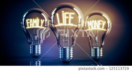 Family, life, money concept - shining light bulbs - 3D illustration 125113729