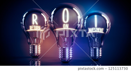ROI, return on investment concept - shining light bulbs - 3D illustration ROI, return on investment concept - shining light bulbs - 3D illustration 125113730