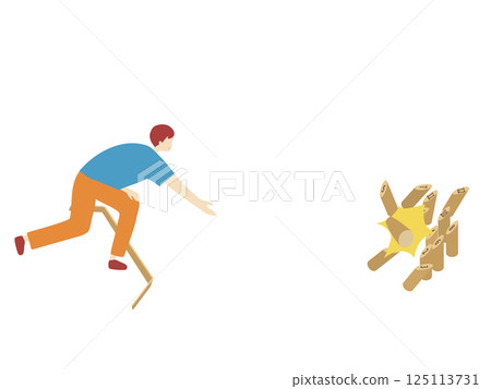 一名男子用拉赫蒂投擲球擊倒九柱戲球瓶的插圖 125113731