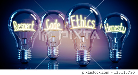 Respect, code, ethics, honesty - shining four light bulbs - 3D illustration Respect, code, ethics, honesty - shining four light bulbs - 3D illustration 125113750